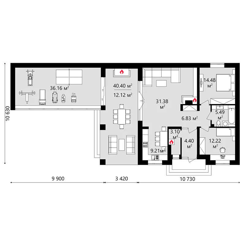 Проект одноэтажного коттеджа 255 м² со спортзалом