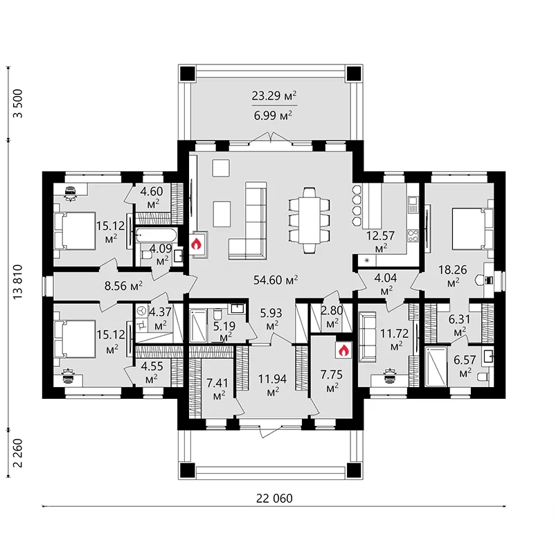 Проект одноэтажного коттеджа 470 м² с бассейном