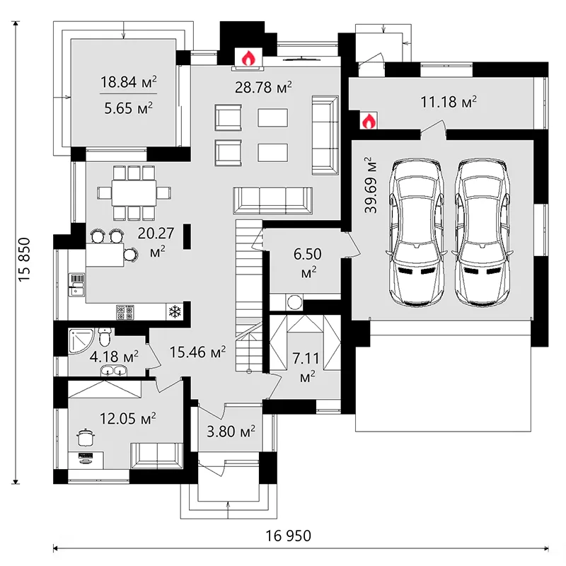 Проект двухэтажного загородного дома 269 м² с гаражом на 2 машины
